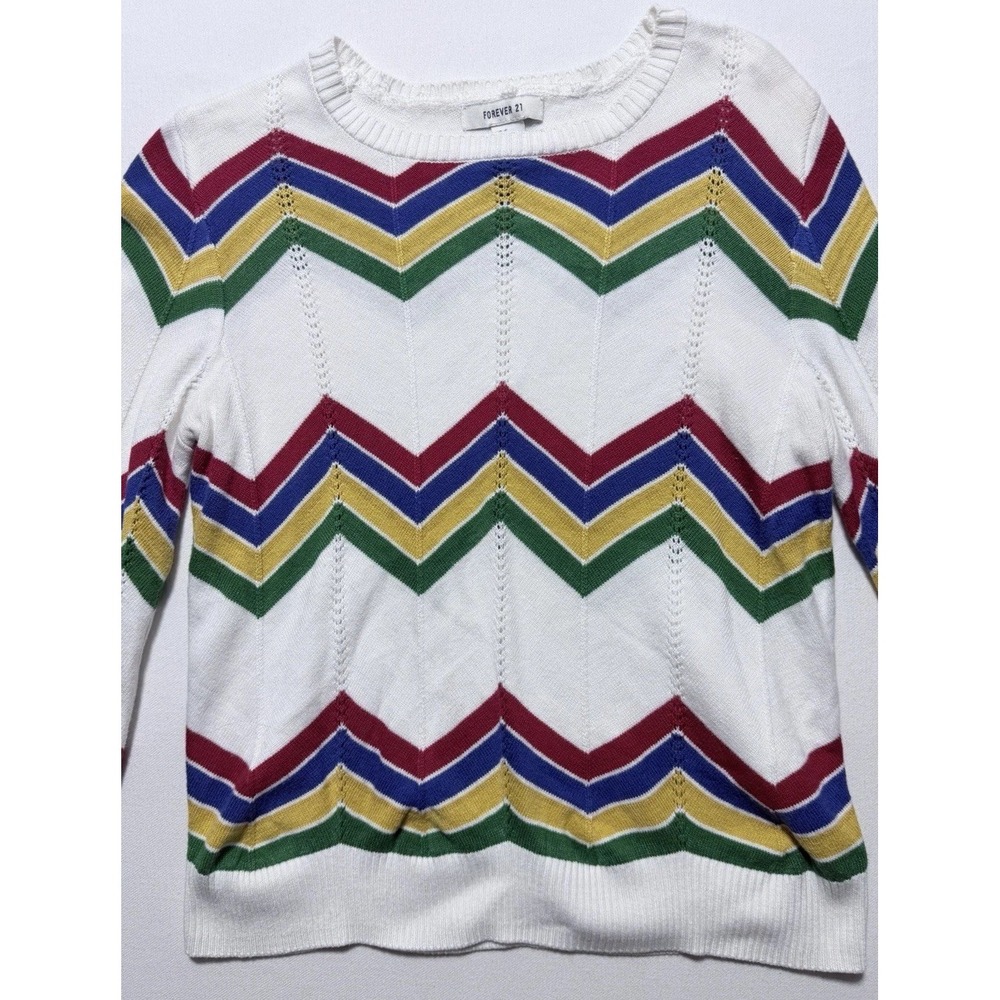 Forever 21 Rainbow Chevron Sweater Small White Colorful Knit Boho - Picture 10 of 10
